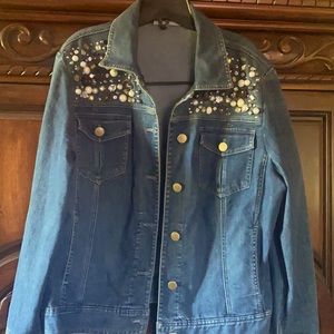 Chico’s as 3 Denim Jacket w Pearls, Button & bling